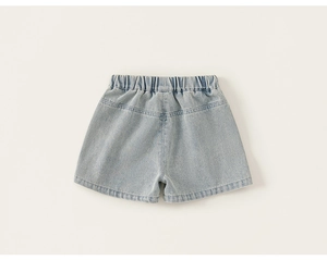 Vista posteriore di pantaloncini di jeans per bambina con vita elastica in denim blu