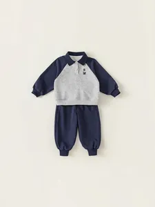 Ensemble Deux Pièces Sweat Polo et Pantalon Décontracté pour Garçons Style Preppy Bloc de Couleur Broderie Ours