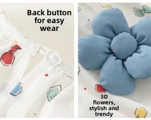 Detail der Babykleid-Rückknopfleiste und 3D-Deko-Blume aus blauem Stoffgewebe