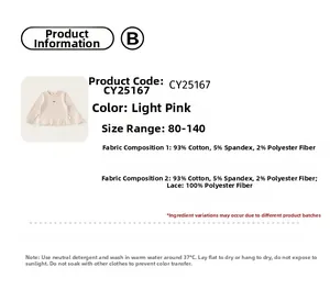Détail du haut rose pour fille montrant le bord en dentelle et la broderie arc-en-ciel