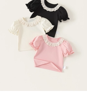 Detail of girls cotton T-shirts with lace Peter Pan collars and sweet puff sleeves