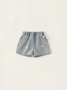 Pantaloncini Di Jeans Bambina Blu Chiaro Con Fiocco Bianco Perla Artificial Accenti Vita Elastica Estate Casual Cotone Bambini