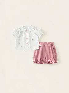 Toddler Girls Summer Two-Piece Cotton Set Peter Pan Collar Checkered Shirt And Pink Ruffle Shorts Sweet Casual Outfit