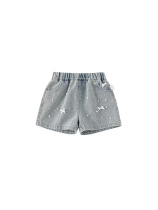 Pantaloncini jeans azzurri per bambina con fiocchi in pizzo, perle e vita elastica