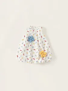 Süßes Mädchen Ärmelloses Baumwollkleid Schleife Blumenmuster 3D Blumen Dekoration Ballonsaum Sommer Prinzessin Kleid Kinderkleidung