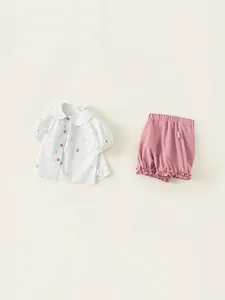 Girls' white green plaid collar shirt and pink bloomers two-piece summer outfit set