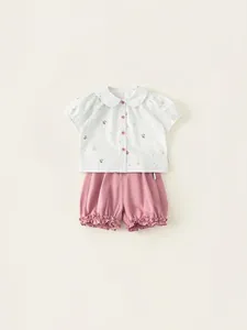 Girls summer two-piece outfit with green gingham doll collar shirt and pink bloomers