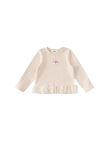 T-shirt fille beige à manches longues avec broderie arc-en-ciel et bordure dentelle