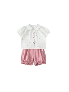 Girls summer outfit with cartoon bear print peter pan collar shirt and pink ruffled shorts