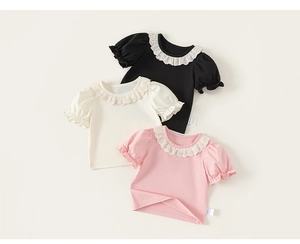Detail of girls' cotton shirts with embroidered lace collar and ruffled puff sleeves