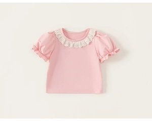 Close-up of pink children's t-shirt with white eyelet lace collar and puff sleeves
