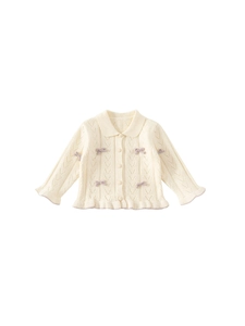 Mädchen Strickjacke in Creme mit lila Schleifen und Rüschensaum für den Frühling