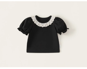 Close-up of black cotton girls t-shirt featuring a white lace collar and puff sleeves