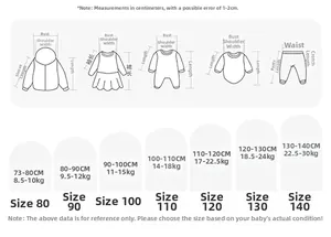 Detailed size chart for children hoodie and striped flared pants set, height 73 to 140 cm