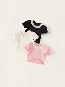 Girls Sweet Lace Collar Puff Sleeve T-Shirt Summer Solid Cotton Blend Breathable Soft Top For Toddler Kids Baby Girl