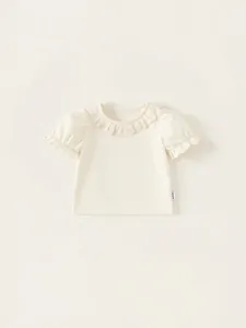 Girls cream lace collar t-shirt with puff sleeves made of soft cotton for summer