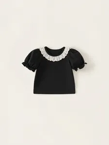 Girls black short sleeve t-shirt with white lace Peter Pan collar and puff sleeves