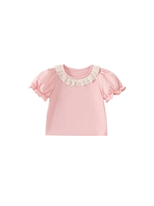 Pink girl short sleeve t-shirt with white lace collar and puff sleeves for summer