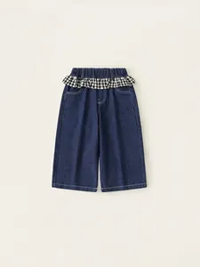 Mädchen Denim Jeans Weites Bein Hosen Baumwolle Weich Kariert Rüschen Rand Elastische Taille Lässig Gerade Hosen Für Kinder Frühling Herbst