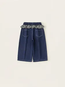 Mädchen Jeans mit weitem Bein in Dunkelblau mit kariertem Volant-Gummibund