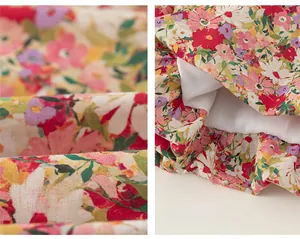 Close-up of floral print fabric showing detailed stitching and white lining layer