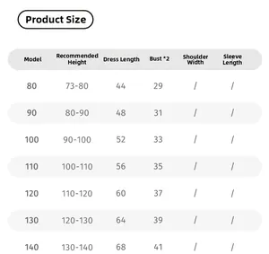 Size chart for girls floral suspender dress with detailed measurements for heights 80-140cm