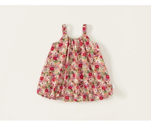 Close-up of vibrant floral print cotton summer dress for toddler girls with ruffle details