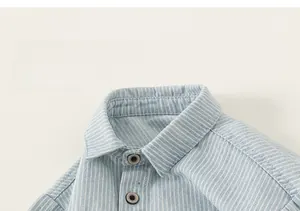 Detail of soft blue striped denim shirt collar with dark buttons for toddlers