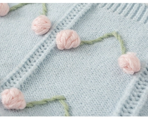 Detailed macro view of soft blue knit fabric with pink floral 3D accents and embroidery