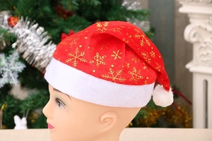 Luxurious red Christmas hat with gold snowflake pattern and white plush trim details