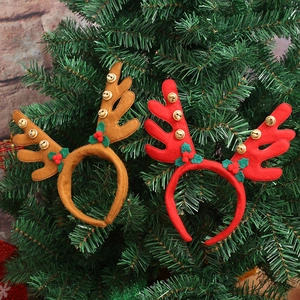 Christmas Reindeer Antler Headband With Gold Bells Holly Leaves Berries Cloth Headpiece For Party Holiday Hair Accessories