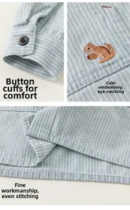 Detail of blue striped cotton shirt with squirrel embroidery and buttoned cuffs