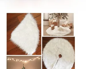 Macro details of white faux fur Christmas tree skirt showing plush texture and setup