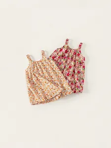 Two-pack floral summer strap dresses for girls in yellow and pink airy cotton fabric