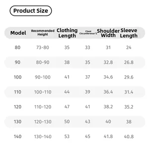 Detailed size chart for children's striped shirts from size 80 to 140 in centimeters