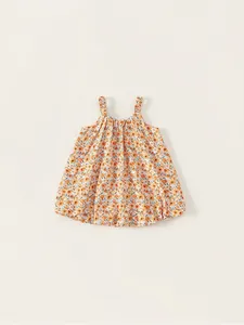Girls floral strap dress in warm orange yellow cotton fabric for summer wear