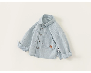 Detail of blue striped toddler shirt featuring a cute brown squirrel embroidery on pocket
