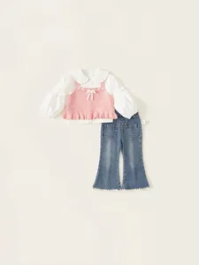 Girls Cotton Ruffle Shirt Floral Knitted Vest Denim Flare Pants Korean Style Kids Spring Autumn Clothing Outfit