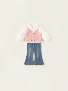 Girls 3-piece set with pink knit vest, white blouse, and flared denim jeans outfit