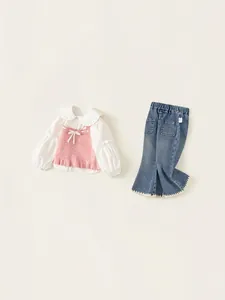 Girl spring 3-piece set with pink knit vest, white shirt and denim flare pants