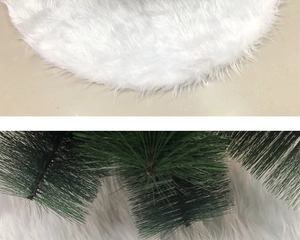Detail of premium white long plush Christmas tree skirt with thick faux fur texture