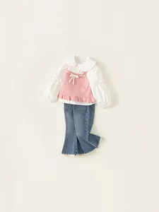 Three-piece girls' casual outfit with white shirt, pink knit vest and denim flare pants
