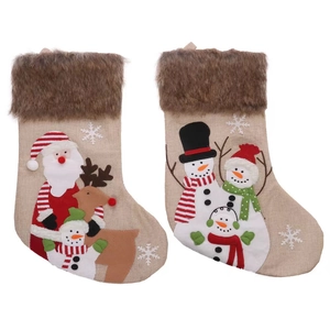 Chaussettes de Noël en toile de jute avec bordure en fourrure, motif Père Noël et bonhomme