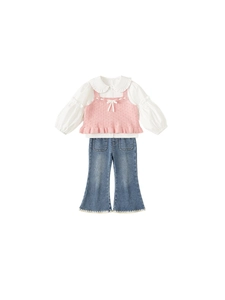 Girl's pink knit vest set with white ruffle shirt and blue flare jeans 3-piece outfit