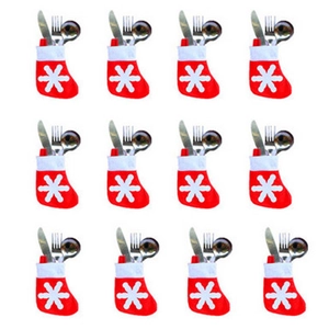 Set of 12 mini Christmas stocking cutlery holders with white snowflake festive patterns