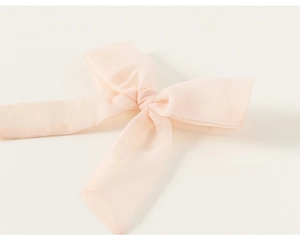 Détail d'un nœud en résille rose clair avec paillettes sur une robe d'été de princesse