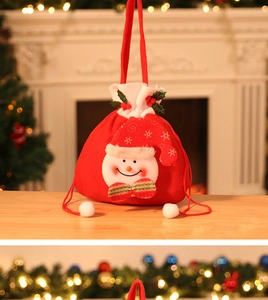 Detail of red Christmas drawstring gift bag with 3D snowman applique and festive pom-poms