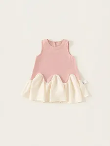 Mädchen Sommer Ärmelloses Kleid 100% Baumwolle Wellenförmiges Spleißen Farbblock Rüschensaum Süßer Koreanischer Stil Prinzessin Kleid