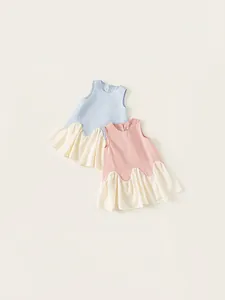 Süßes ärmelloses Mädchenkleid im koreanischen Stil mit Rüschen in Blau- und Rosatönen