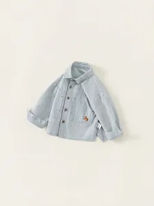 Toddler boys long sleeve striped shirt with animal embroidery and wood buttons